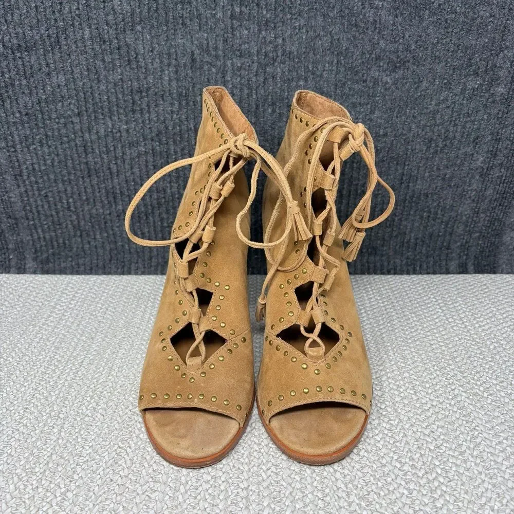 Frye Gabby Ghillie Studded Shooties Brown Suede Heeled Boots Lace Peep Toe 10